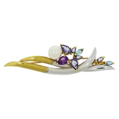 Platinum and Yellow Gold Floral Inspired Pearl Brooch