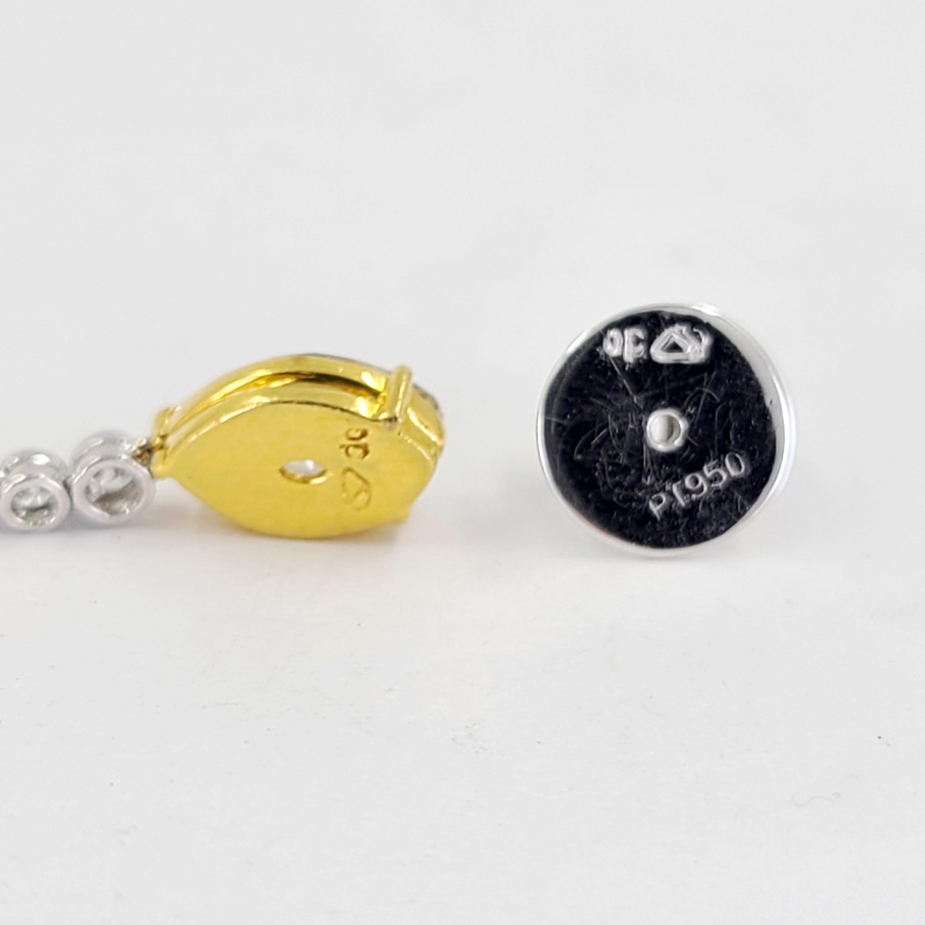 Platinum and Yellow Gold Natural Colored Diamond Drop Earrings In New Condition In Coral Gables, FL