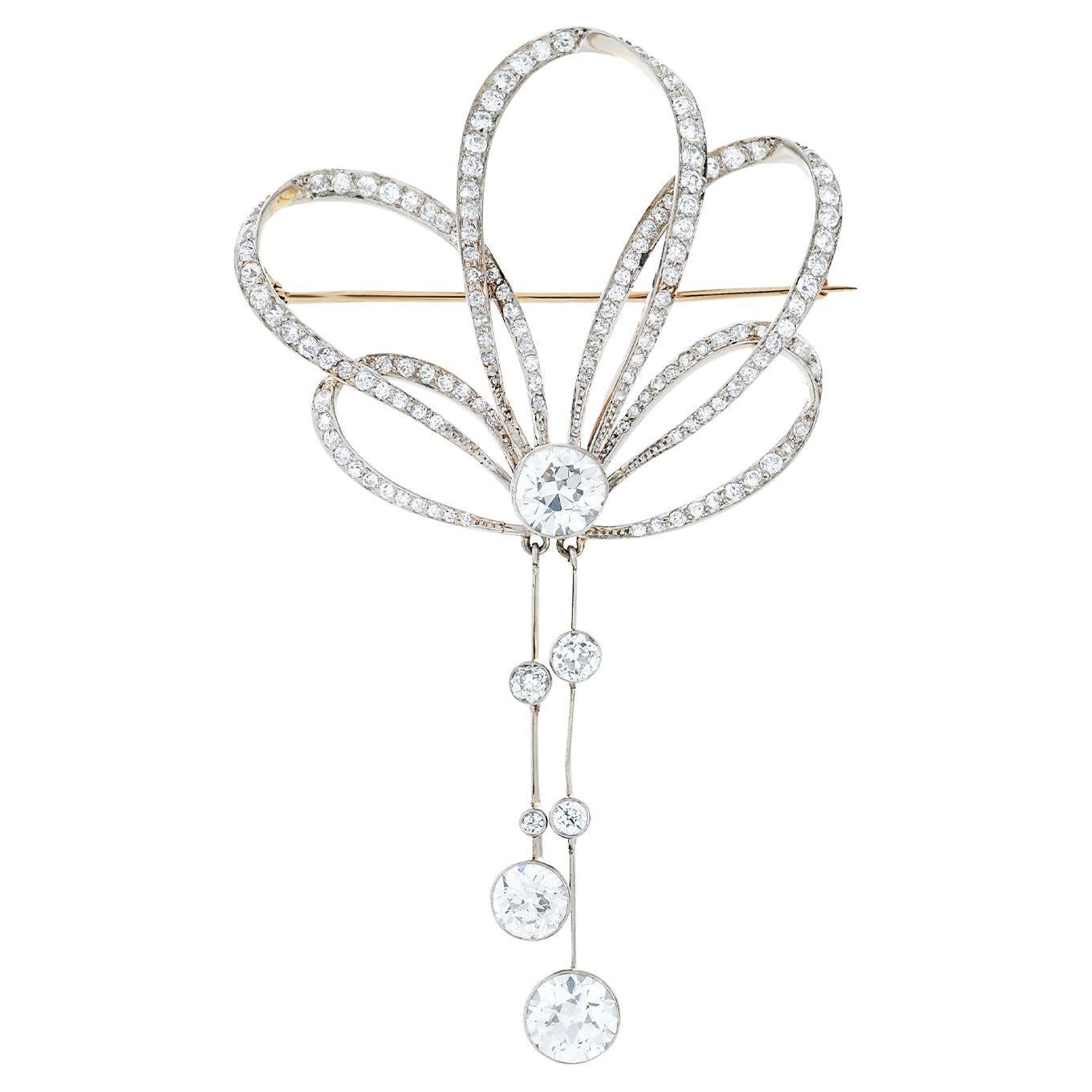 Platinum and Yellow Gold Old European Cut Diamond Bow Pin