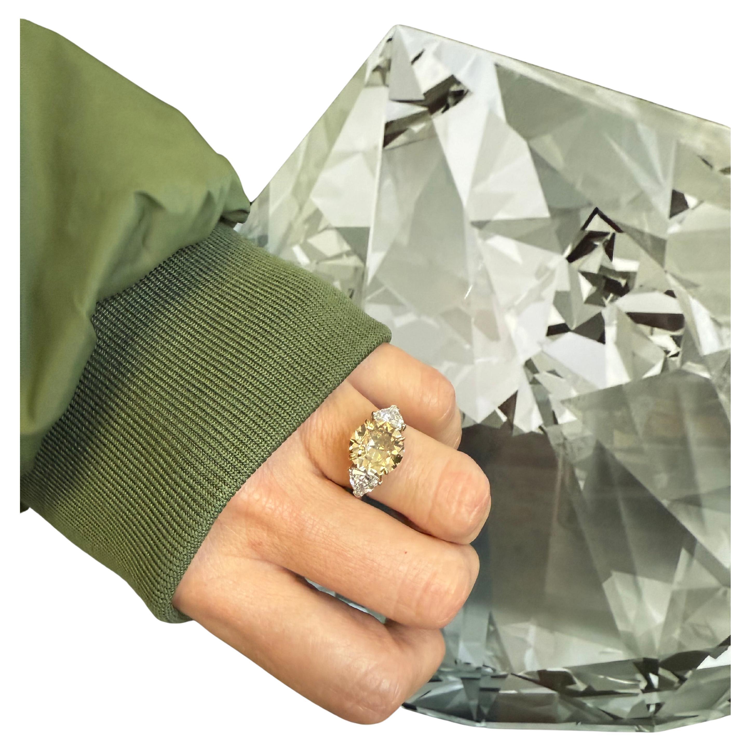Trillion Cut Platinum and Yellow Gold Ring Fancy Yellow 3.21 cts GIA and 2 trillion 1.20 cts For Sale