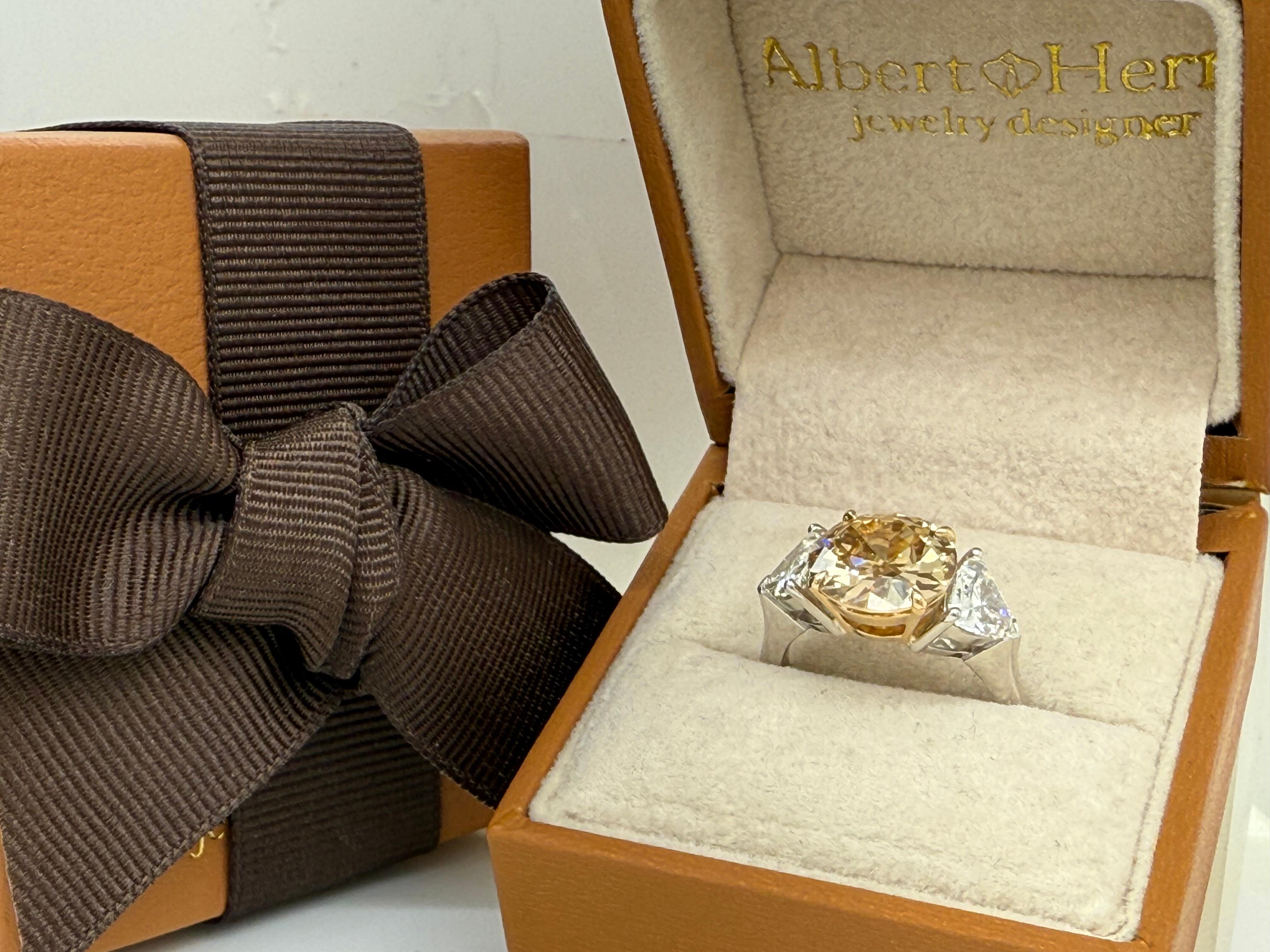 Contemporary Platinum and Yellow Gold Ring Fancy Yellow 3.21 cts GIA and 2 trillion 1.20 cts For Sale
