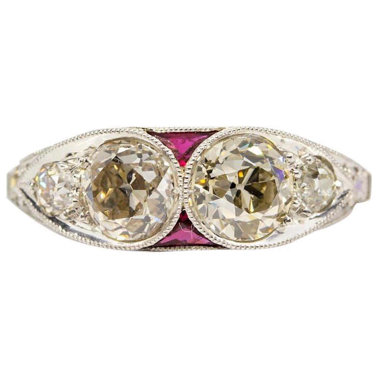 Platinum Antique Art Deco Diamonds and Ruby Ring