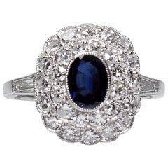 Platinum Antique Art Deco Style Sapphire and Diamond Halo Ring