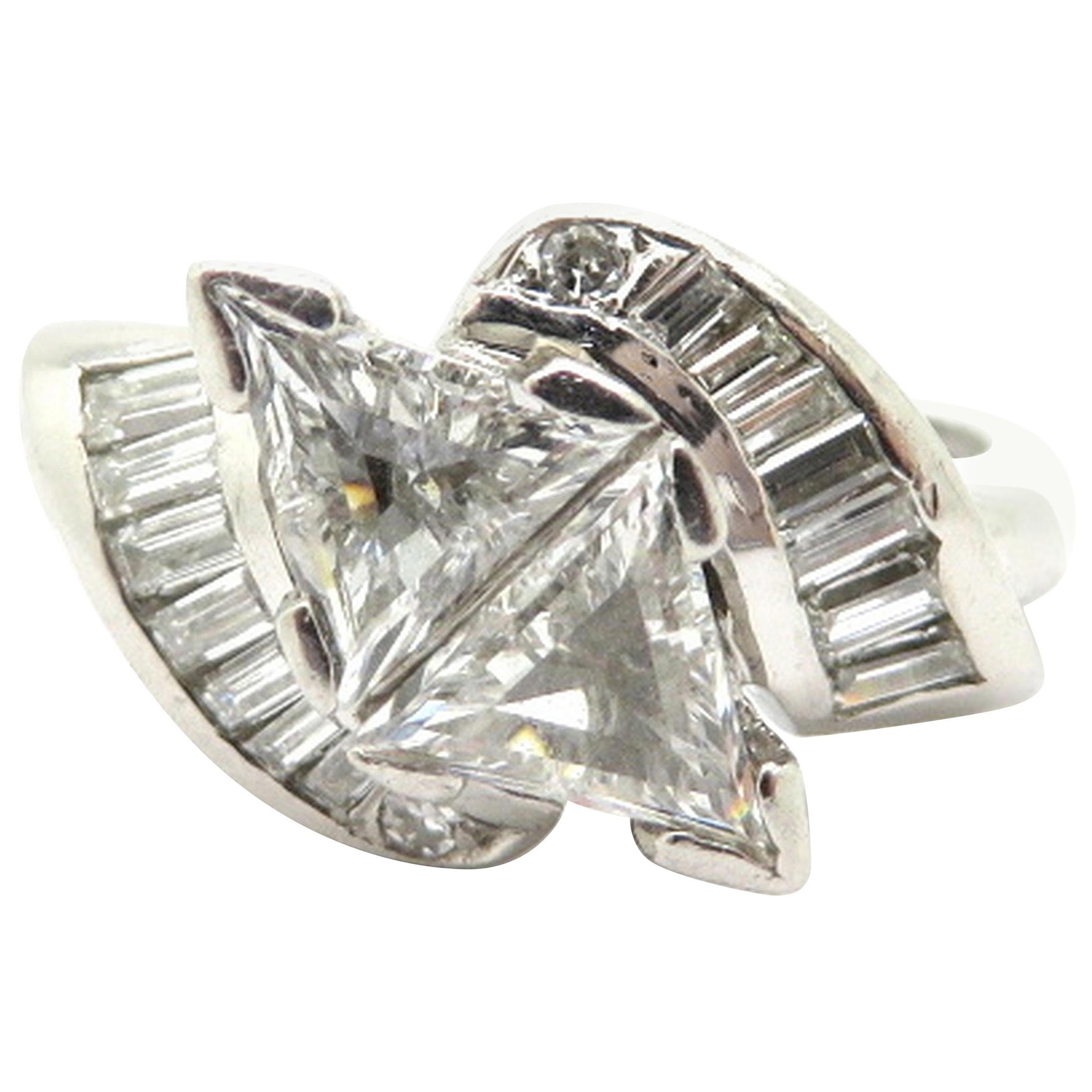 Platinum Antique Art Deco Style Trillion and Baguette Diamond Engagement Ring