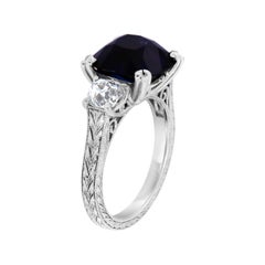 Platinum Antique Cushion Blue Sapphire & Old Mine Cut Diamond Ring GIA 5.66 CT.