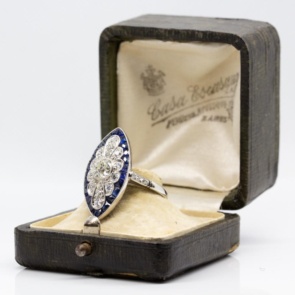 Women's or Men's Platinum Antique Diamond and Calibrated Cut Sapphires Ring