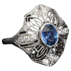 Platinum Antique Edwardian Untreated 0.9 CT Sapphire and Diamond Engagement Ring
