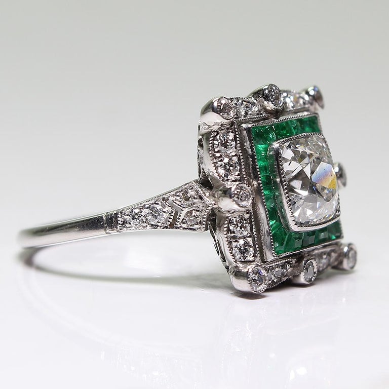 Platinum Antique Estate Diamond and Emerald Art Deco Ring