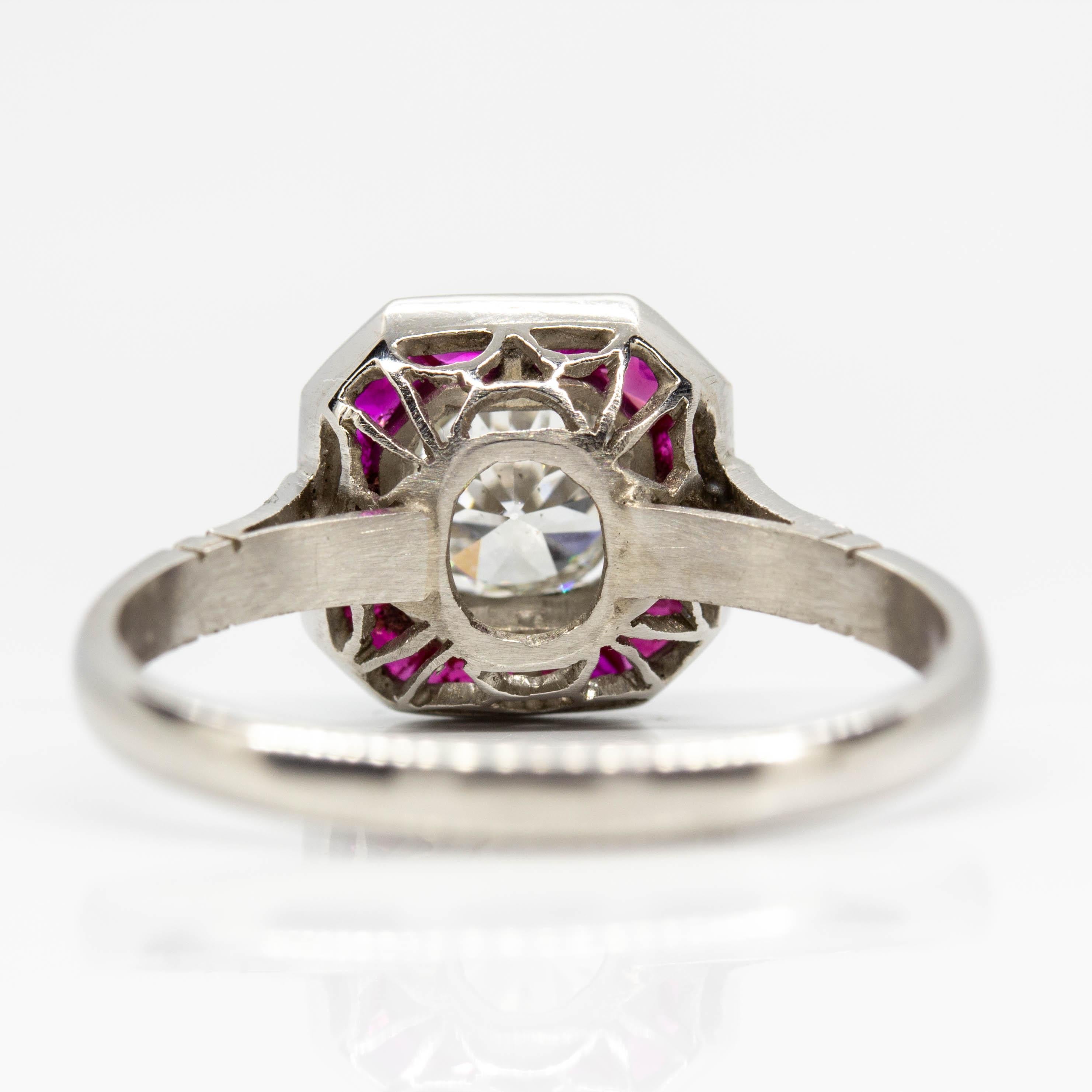 Art Deco Platinum Antique Old Mine Cut Diamonds and Rubies Ring