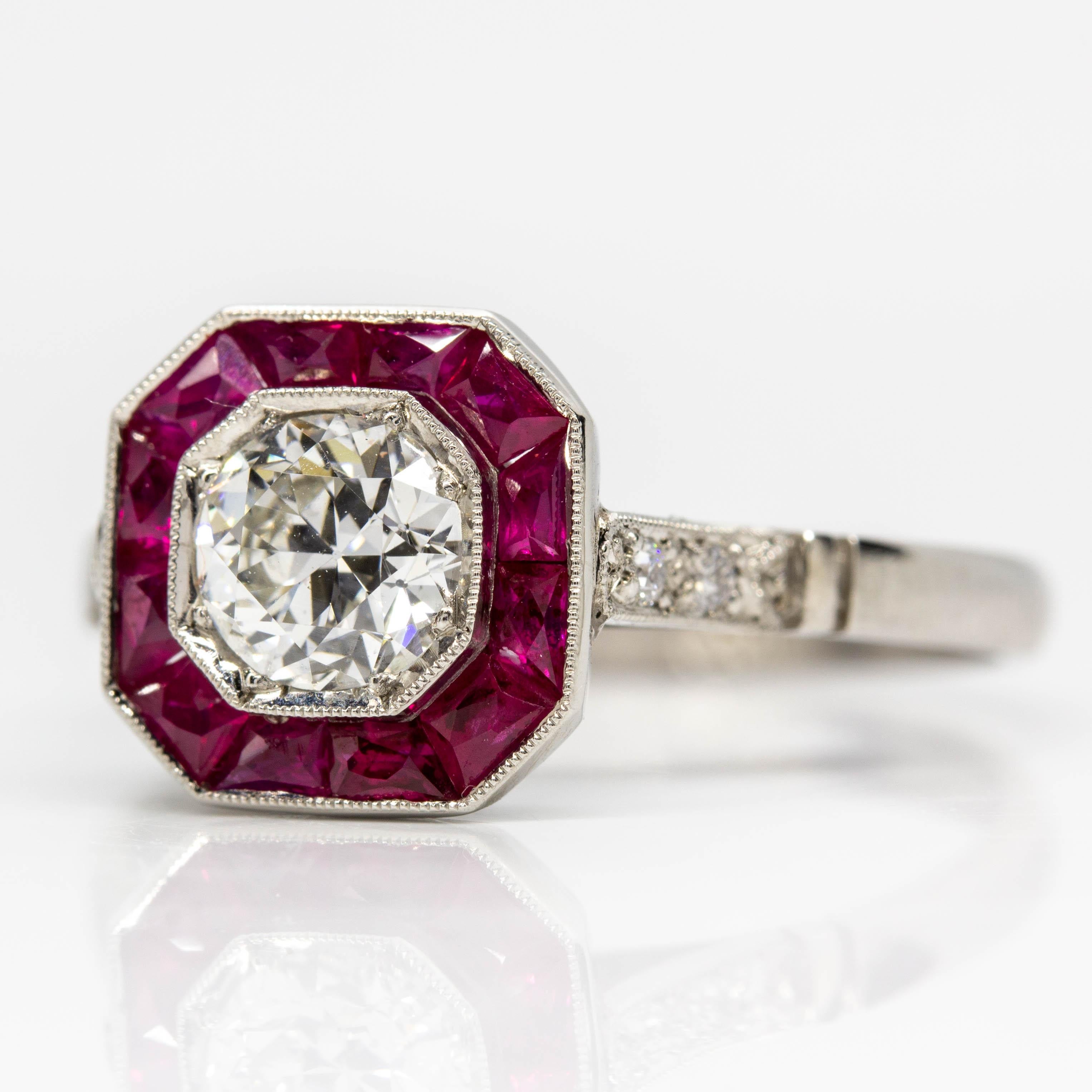 Platinum Antique Old Mine Cut Diamonds and Rubies Ring In Excellent Condition In Miami, FL