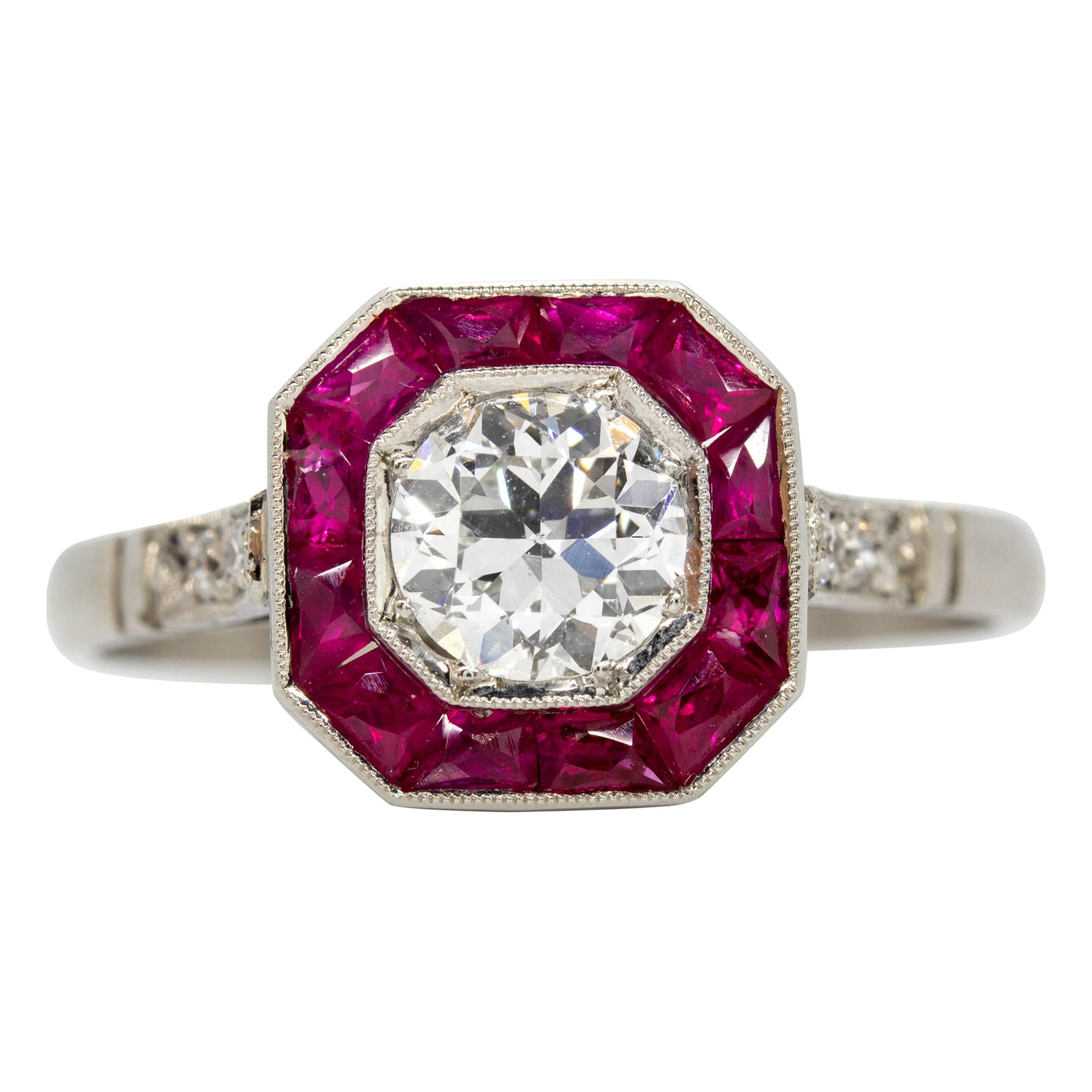 Platinum Antique Old Mine Cut Diamonds and Rubies Ring