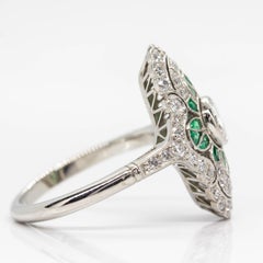 Platinum Antique Old Mine Diamond and Emerald Ring