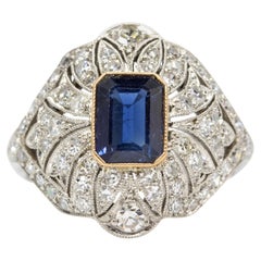 Platinum Antique Old Mine Diamonds and Natural Sapphire Ring