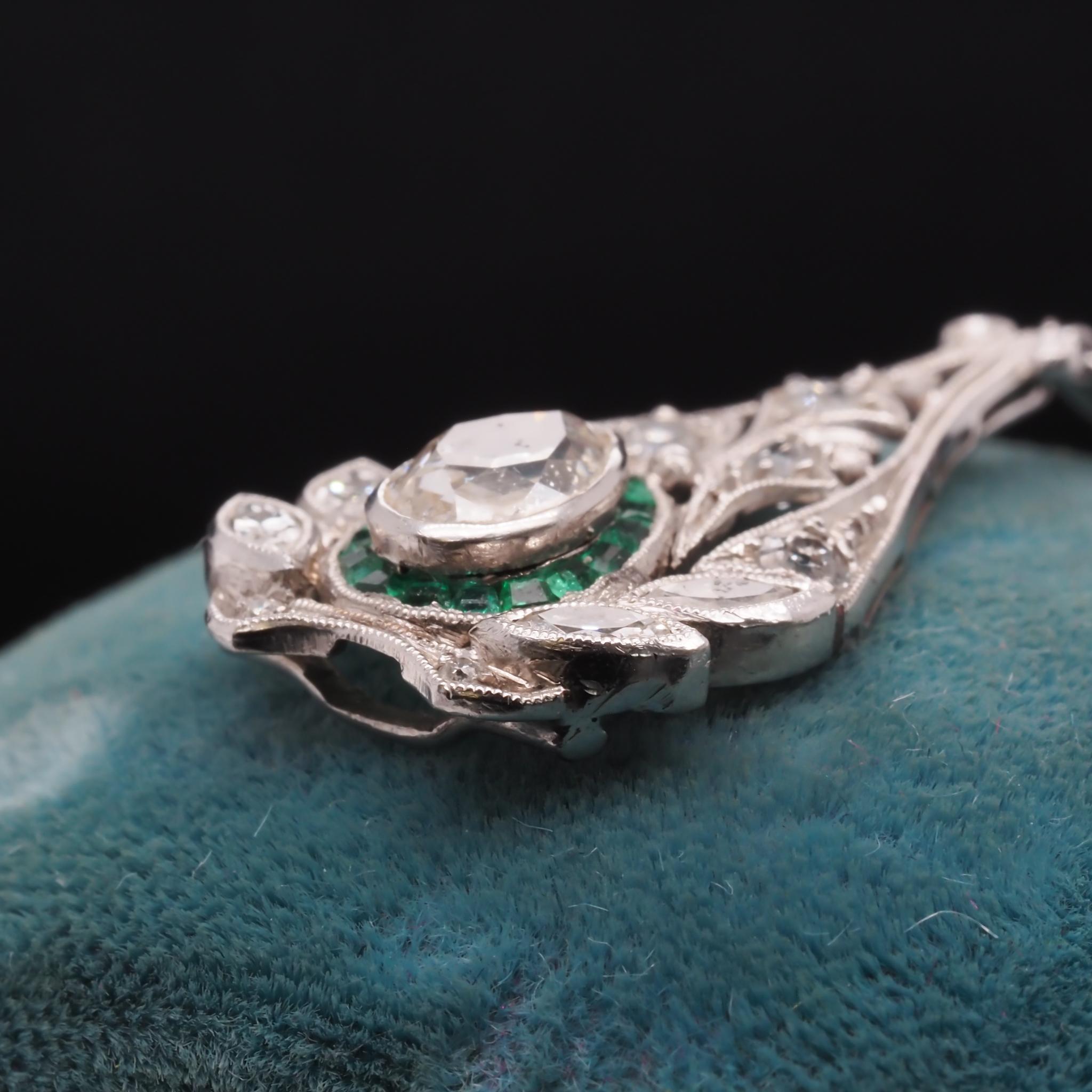 Emerald Cut Platinum Antique Pear Cut Diamond and Emerald Necklace with Diamond For Sale