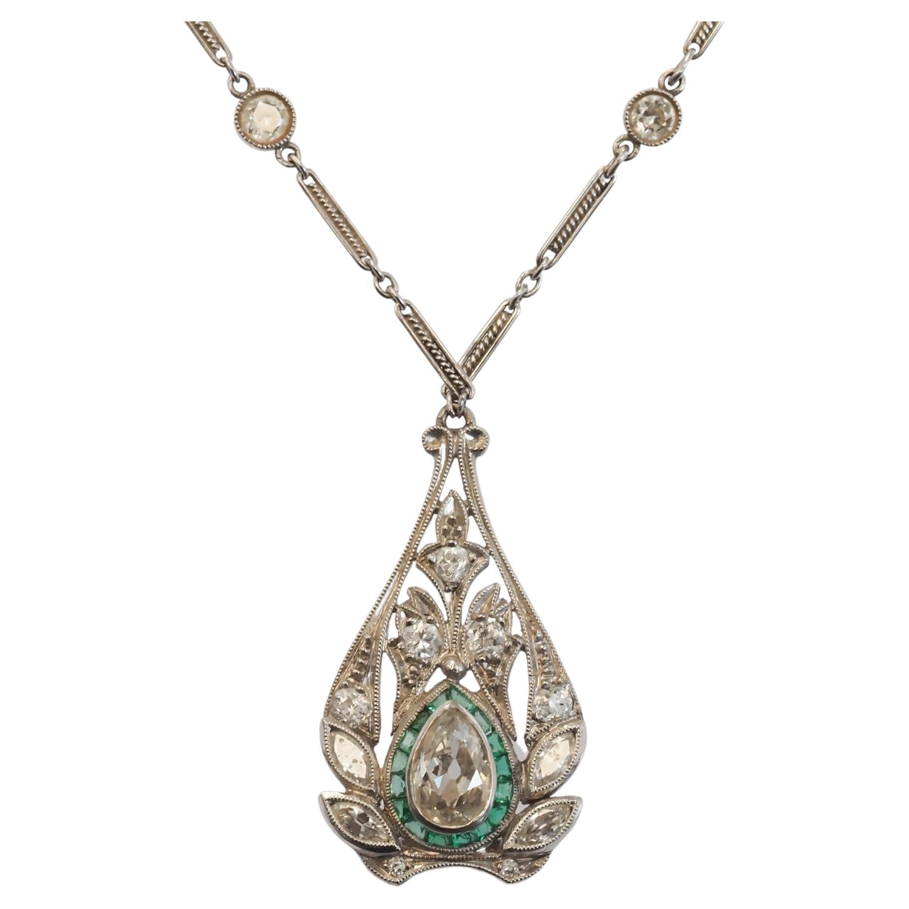 Platinum Antique Pear Cut Diamond and Emerald Necklace with Diamond For Sale