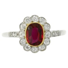 Platinum Antique Ruby Diamond Halo Engagement Ring Pigeon Blood Red 1 Carat Oval