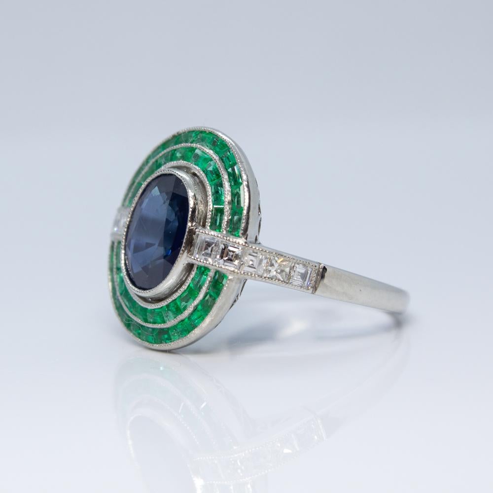 Platinum Antique Vintage Estate Art Deco Sapphire Emerald and Carre Diamond Ring 5