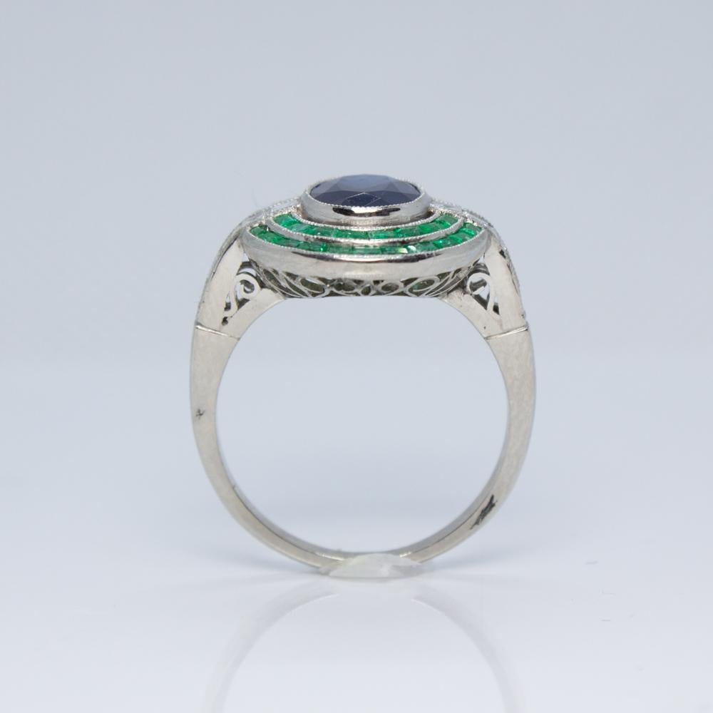 Platinum Antique Vintage Estate Art Deco Sapphire Emerald and Carre Diamond Ring 6