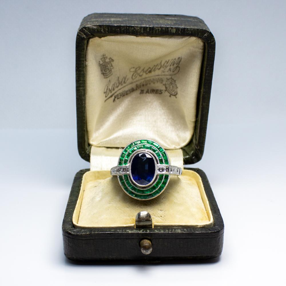 Platinum Antique Vintage Estate Art Deco Sapphire Emerald and Carre Diamond Ring 7