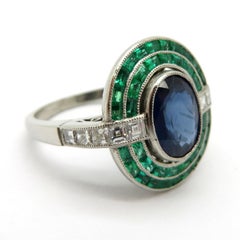 Platinum Antique Vintage Estate Art Deco Sapphire Emerald and Carre Diamond Ring