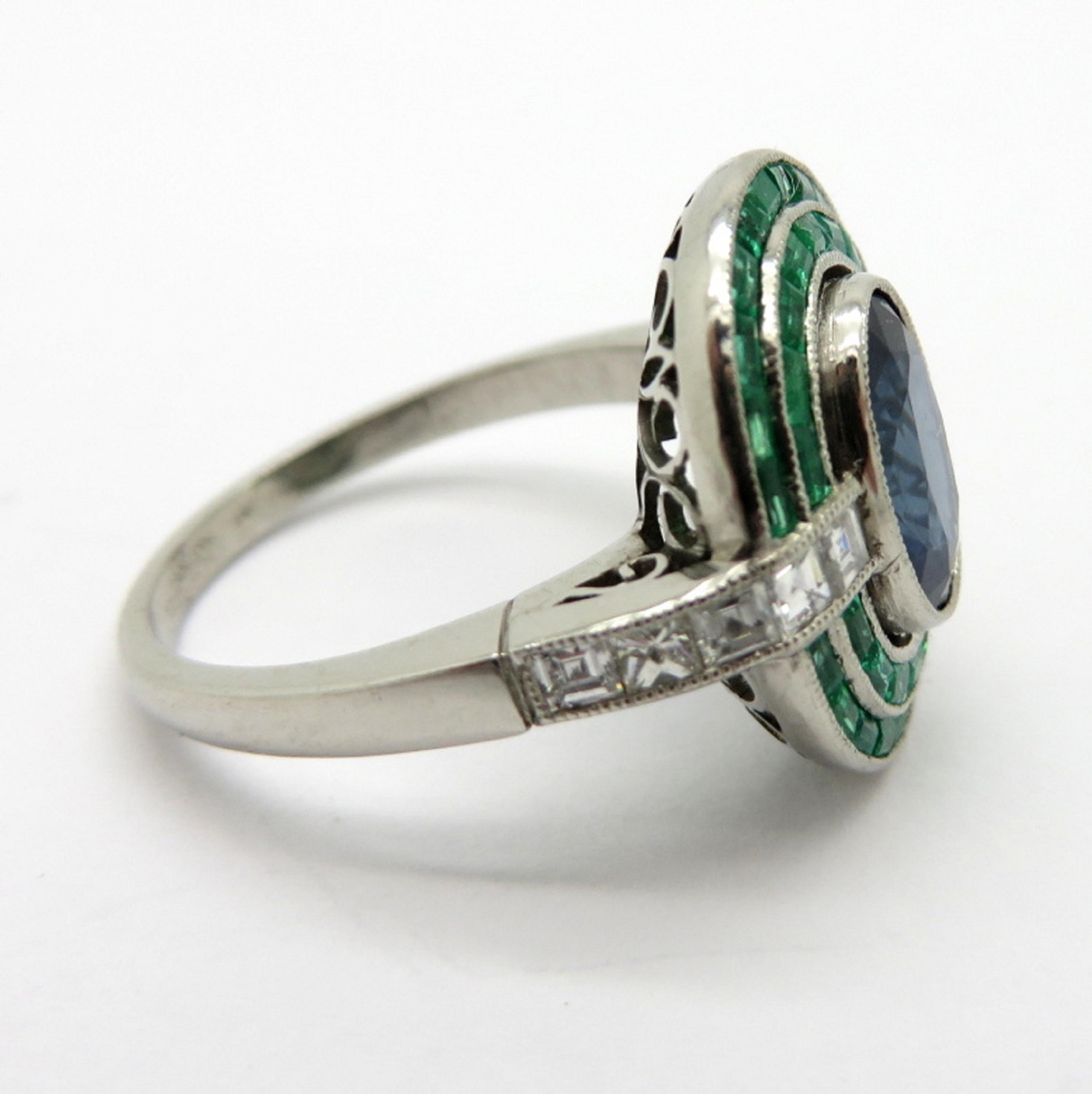 Women's Platinum Antique Vintage Estate Art Deco Sapphire Emerald and Carre Diamond Ring