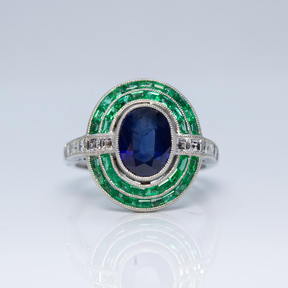 Platinum Antique Vintage Estate Art Deco Sapphire Emerald and Carre Diamond Ring 2