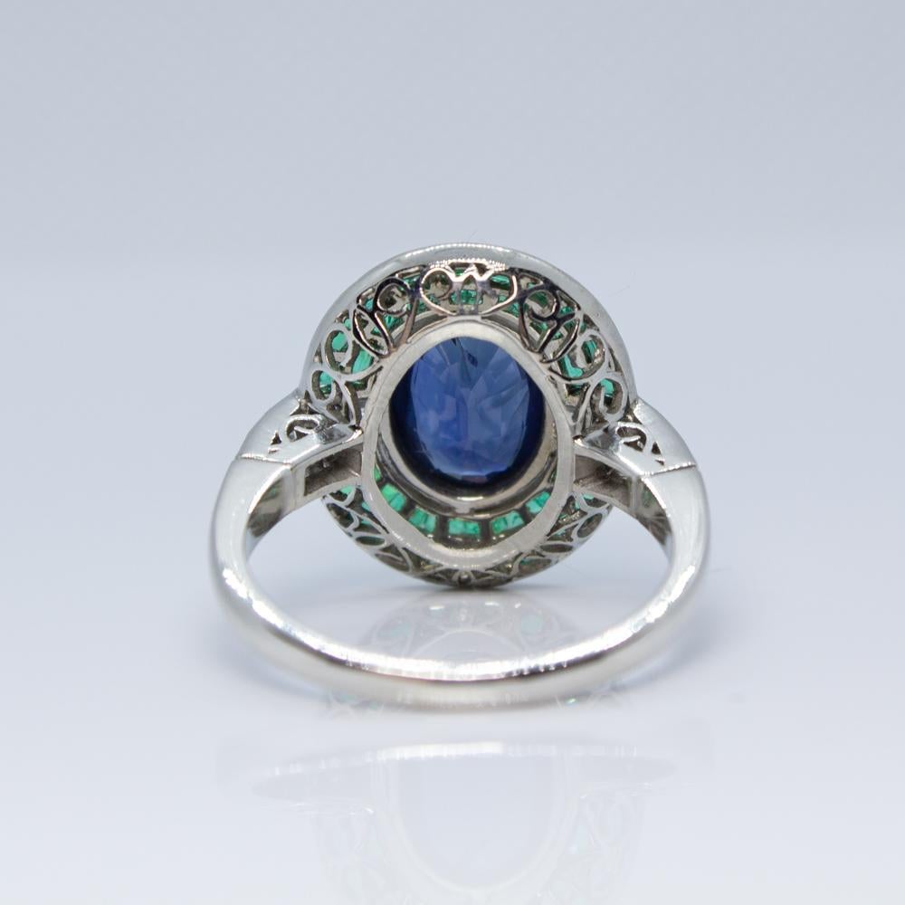 Platinum Antique Vintage Estate Art Deco Sapphire Emerald and Carre Diamond Ring 4