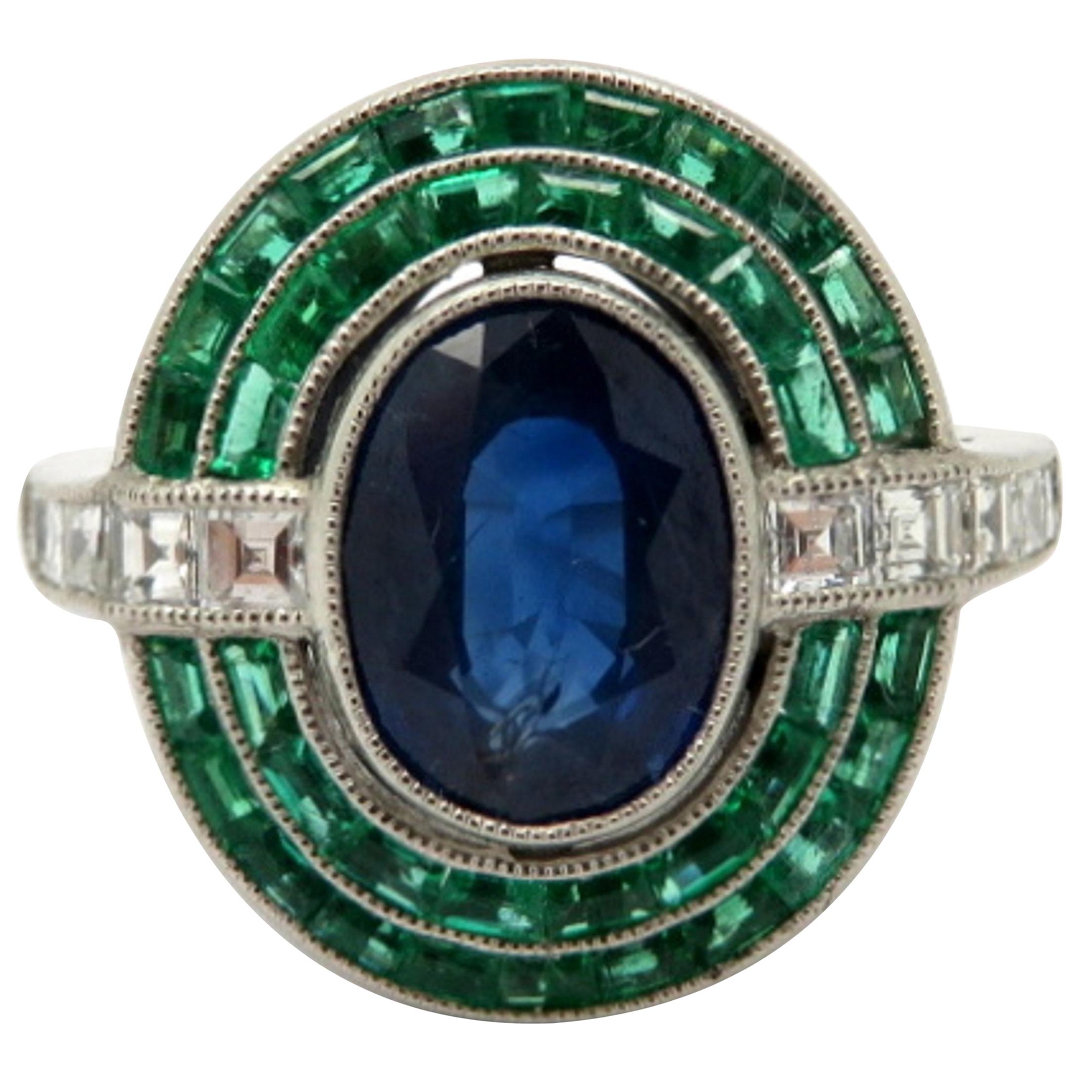 Platinum Antique Vintage Estate Art Deco Sapphire Emerald and Carre Diamond Ring