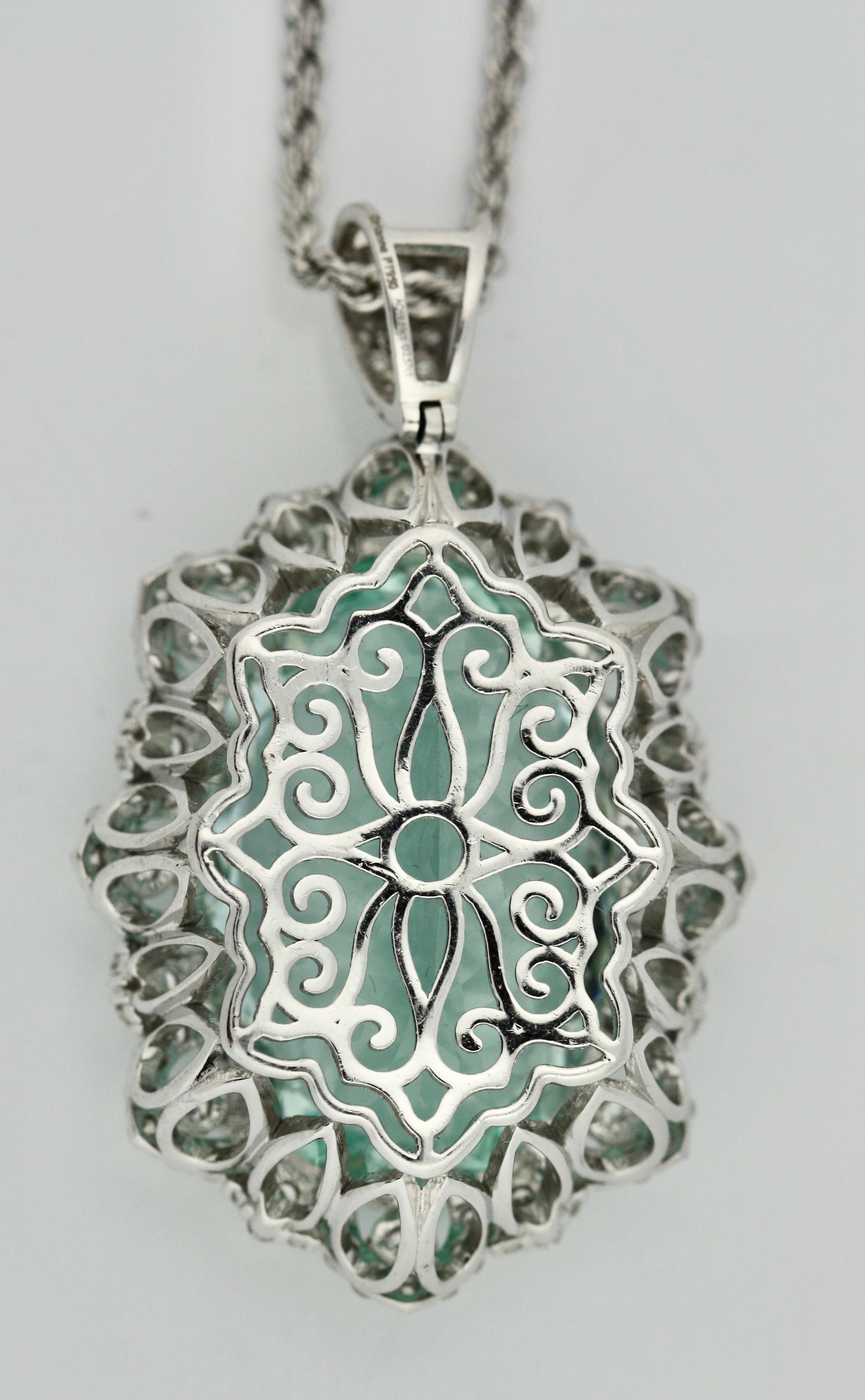 Platinum, Aquamarine and Diamond Pendant-Necklace In Good Condition In Palm Beach, FL