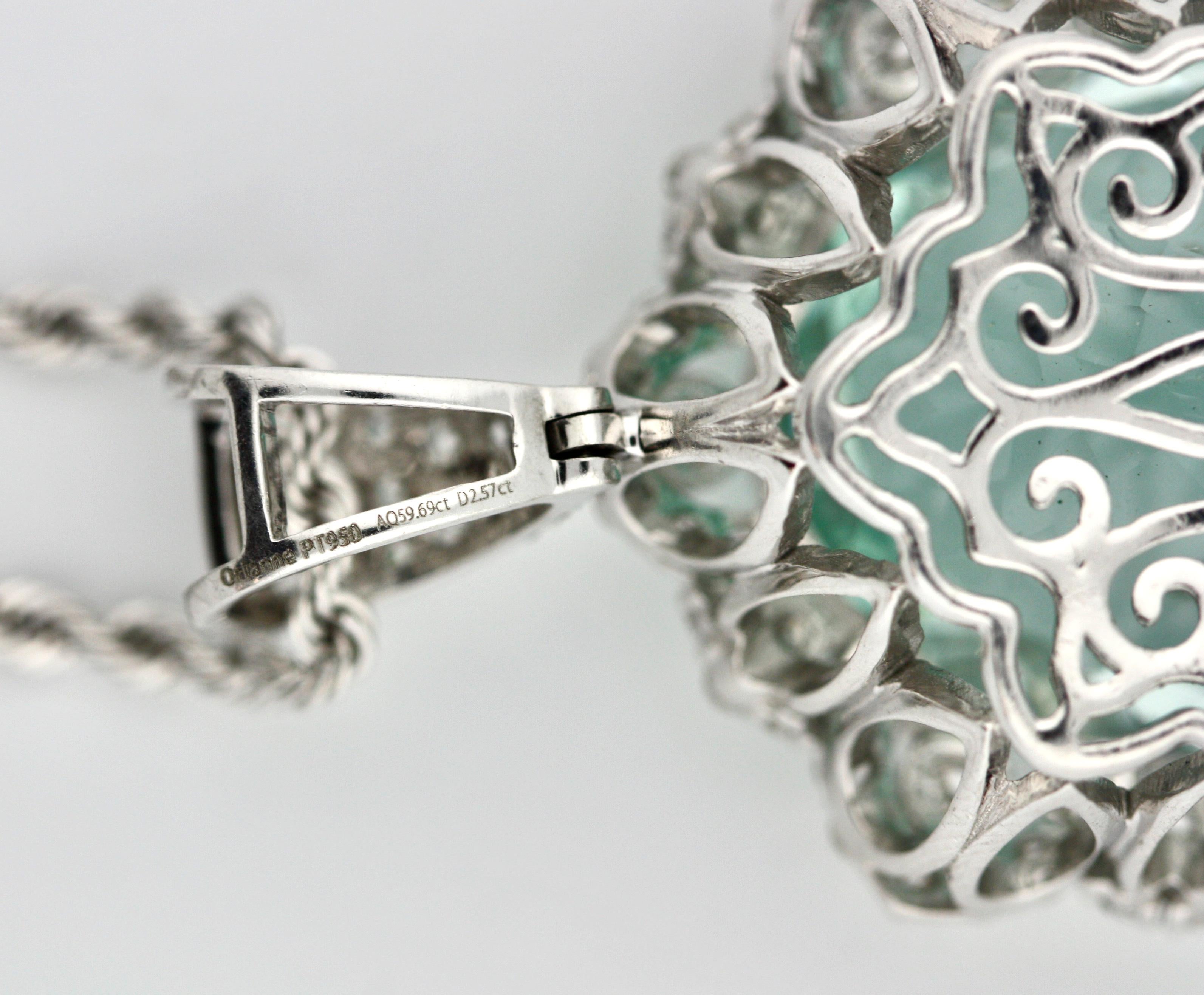 Women's or Men's Platinum, Aquamarine and Diamond Pendant-Necklace
