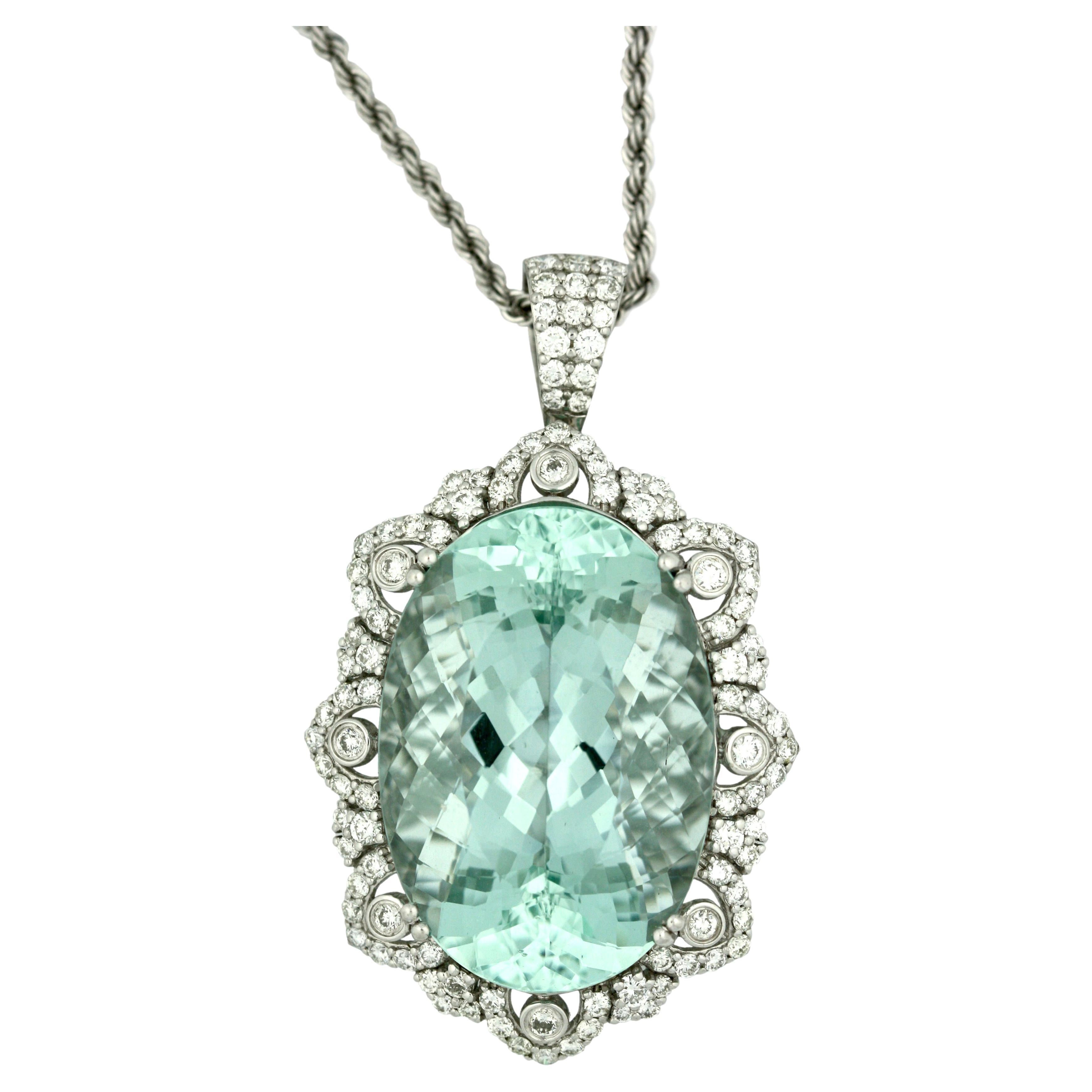 Platinum, Aquamarine and Diamond Pendant-Necklace