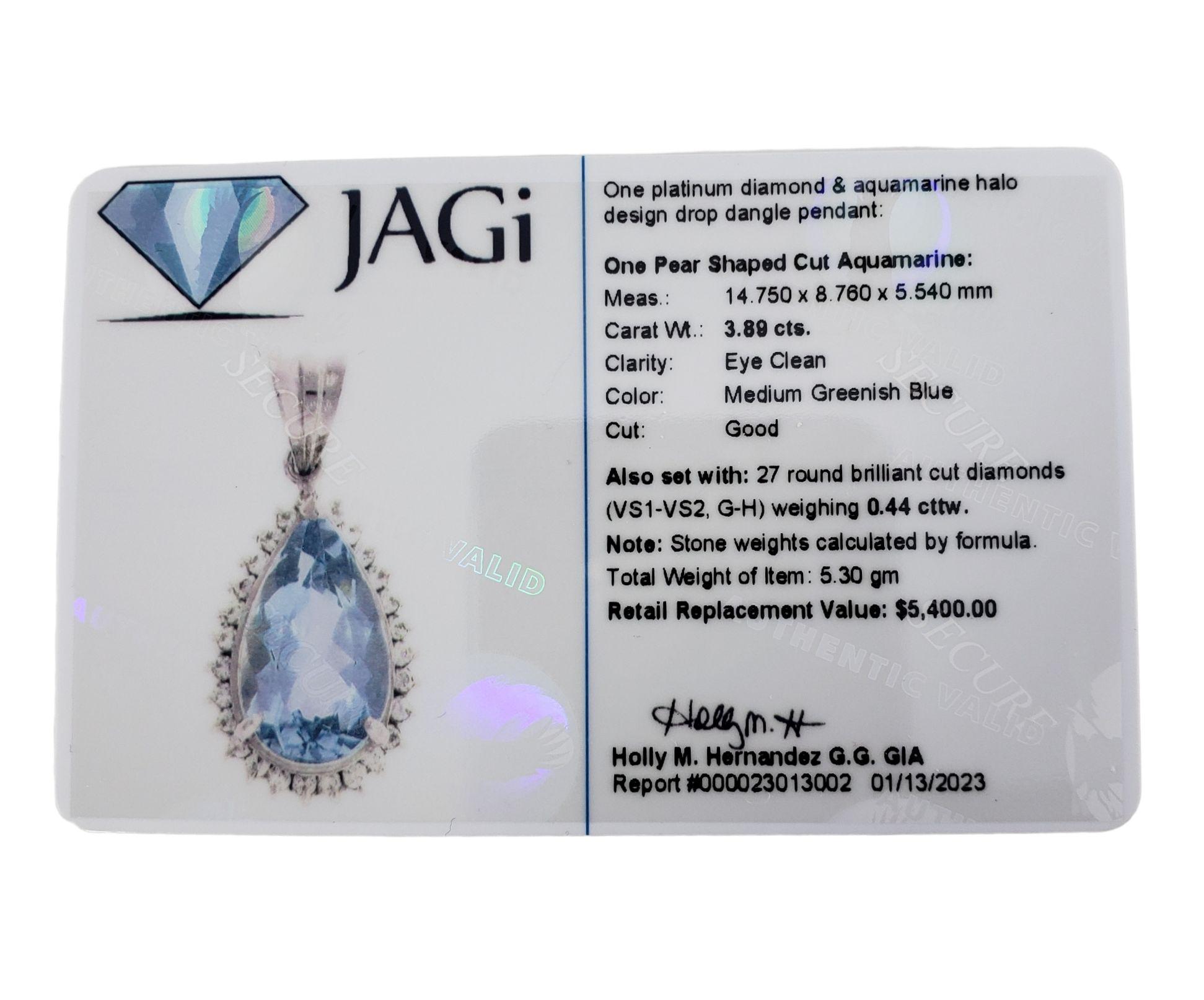 Platinum Aquamarine and Diamond Pendant Necklace #13742 For Sale 1