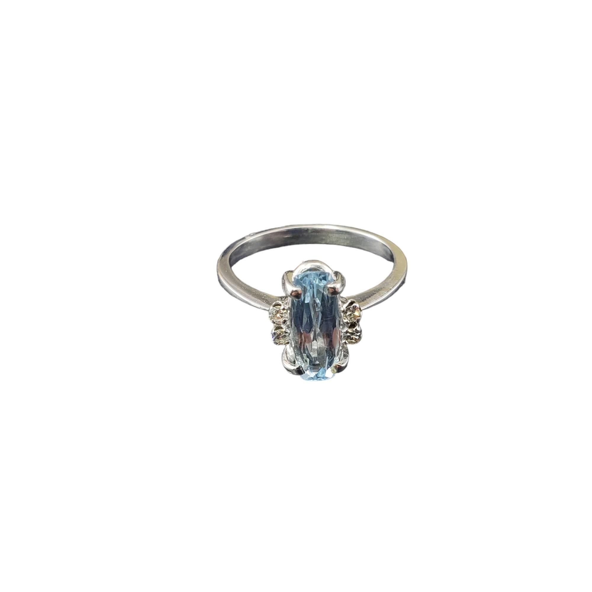 Platinum Aquamarine and Diamond Ring Size 7.25 JAGI Certified-

This stunning ring features one rectangular cushion cut aquamarine (12 mm x 5.4 mm) and four round single cut diamonds set in classic platinum. 

Shank: 2 mm.

Aquamarine weight: 1.59