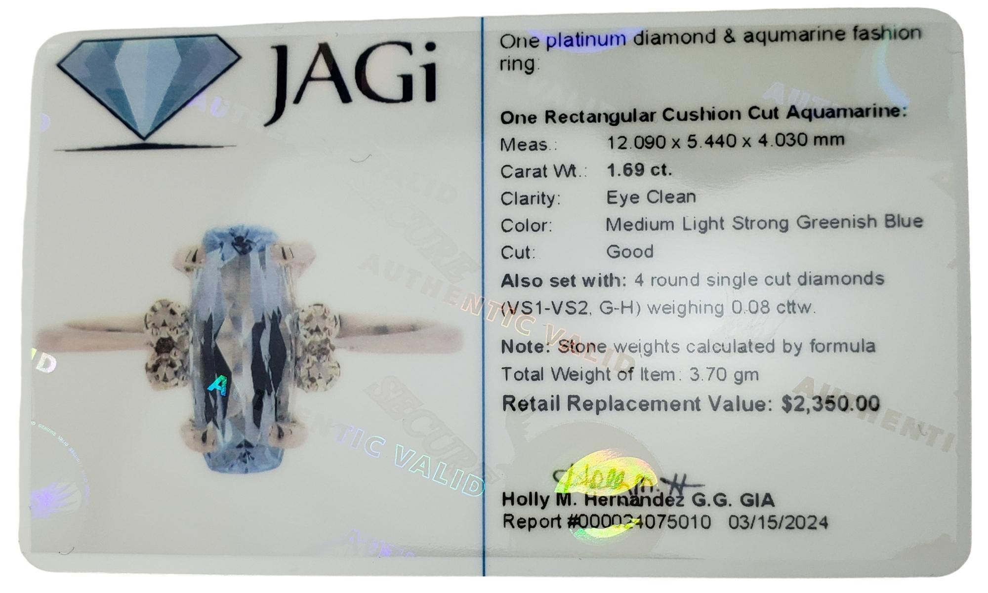 Platinum Aquamarine and Diamond Ring Size 7.25 #17069 For Sale 3