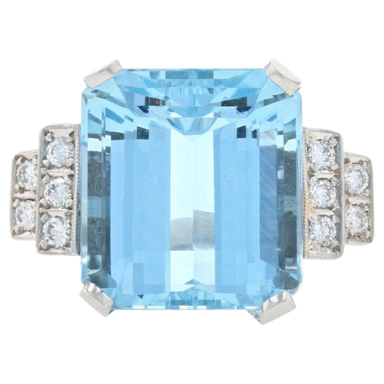 Platinum Aquamarine and Diamond Vintage Ring, Emerald Cut 11.38 Carat Milgrain