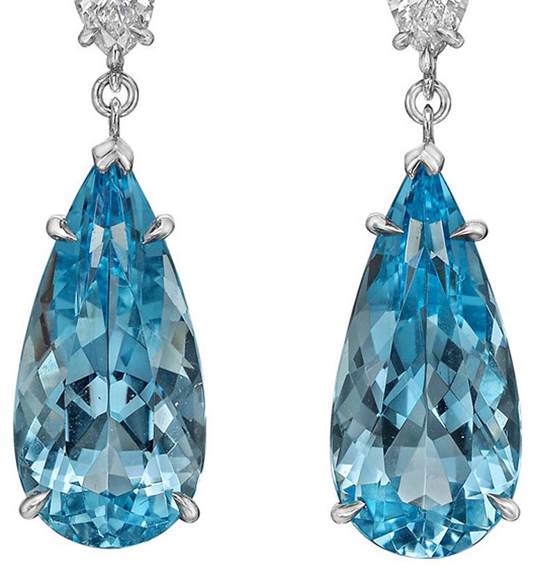 Platin Aquamarin-Diamant-Tropfen-Ohrringe (Moderne)