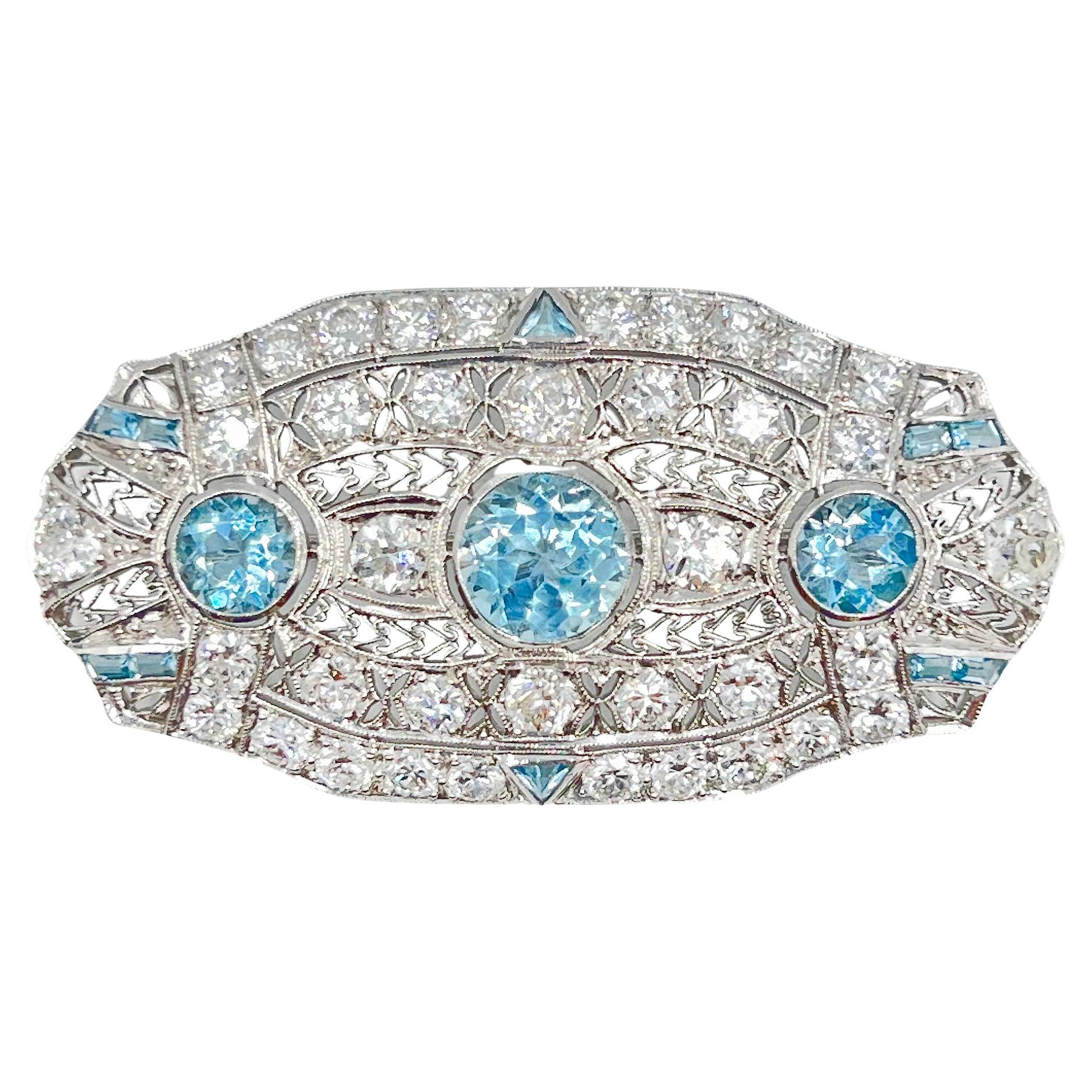 Edwardianische Brosche/Anstecknadel aus Platin mit Aquamarin und Diamant