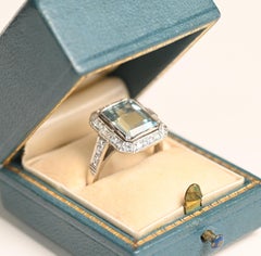 3 Carat Aquamarine Diamond Halo Ring. Emerald Cut Aquamarine Platinum Accent