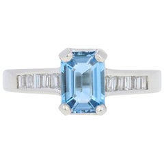 Platinum Aquamarine and Diamond Ring, Rectangle Cut 1.01 Carat Engagement