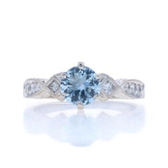 Platinum Aquamarine Diamond Ring - Round 1.43ctw Etched Milgrain