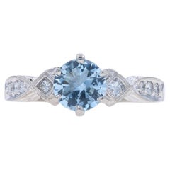 Bague aigue-marine et diamant rond 1,43 ctw gravé Milgrain