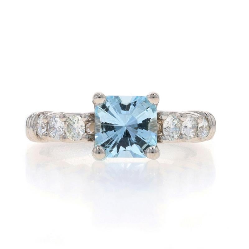 Size: 4 3/4
Sizing Fee: Up 1 size for $60 or Down 1/4 of a size for $40

Metal Content: Platinum

Stone Information

Natural Aquamarine
Treatment: Heating
Carat(s): .92ct
Cut: Square Radiant
Color: Blue

Natural Diamonds
Carat(s): .34ctw
Cut: Round