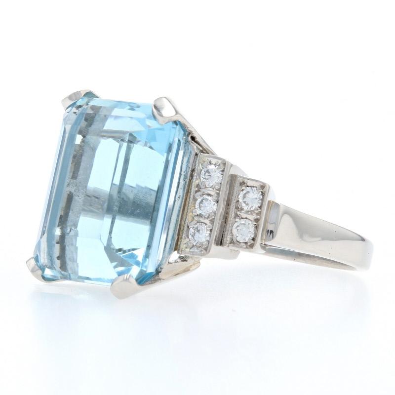 Size: 6 1/2
Sizing Fee: Up 2 sizes or Down 1 Size for $100 

Era: Vintage

Metal Content: 900 Platinum

Stone Information: 
Genuine Aquamarine
Treatment: Heating 
Color: Blue
Cut: Emerald 
Size: 13.9mm x 12.6mm 
Carat(s): 11.13ct (weighed) 

Natural
