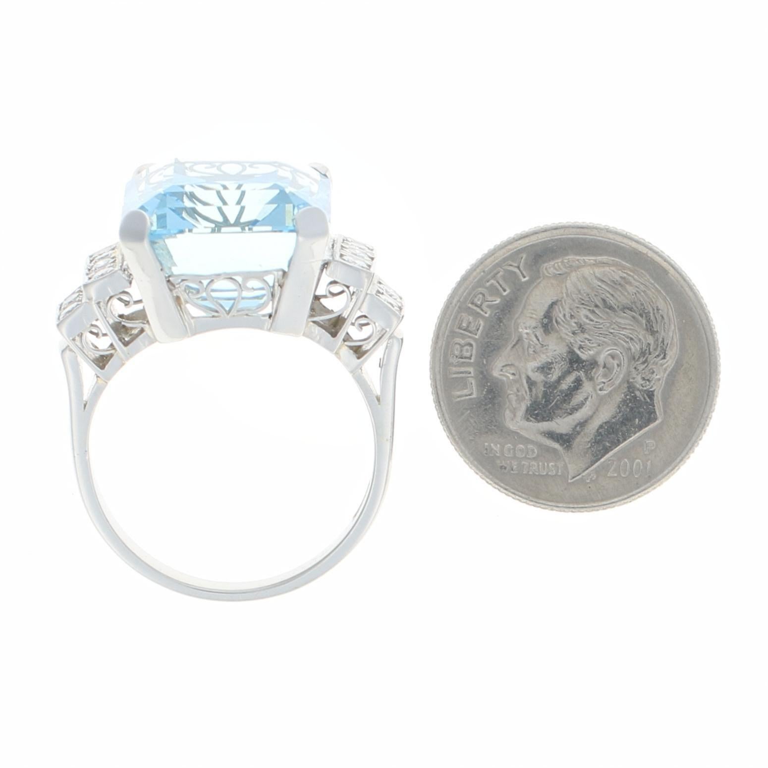 Platinum Aquamarine and Diamond Vintage Ring, Emerald Cut 11.38 Carat Milgrain 2