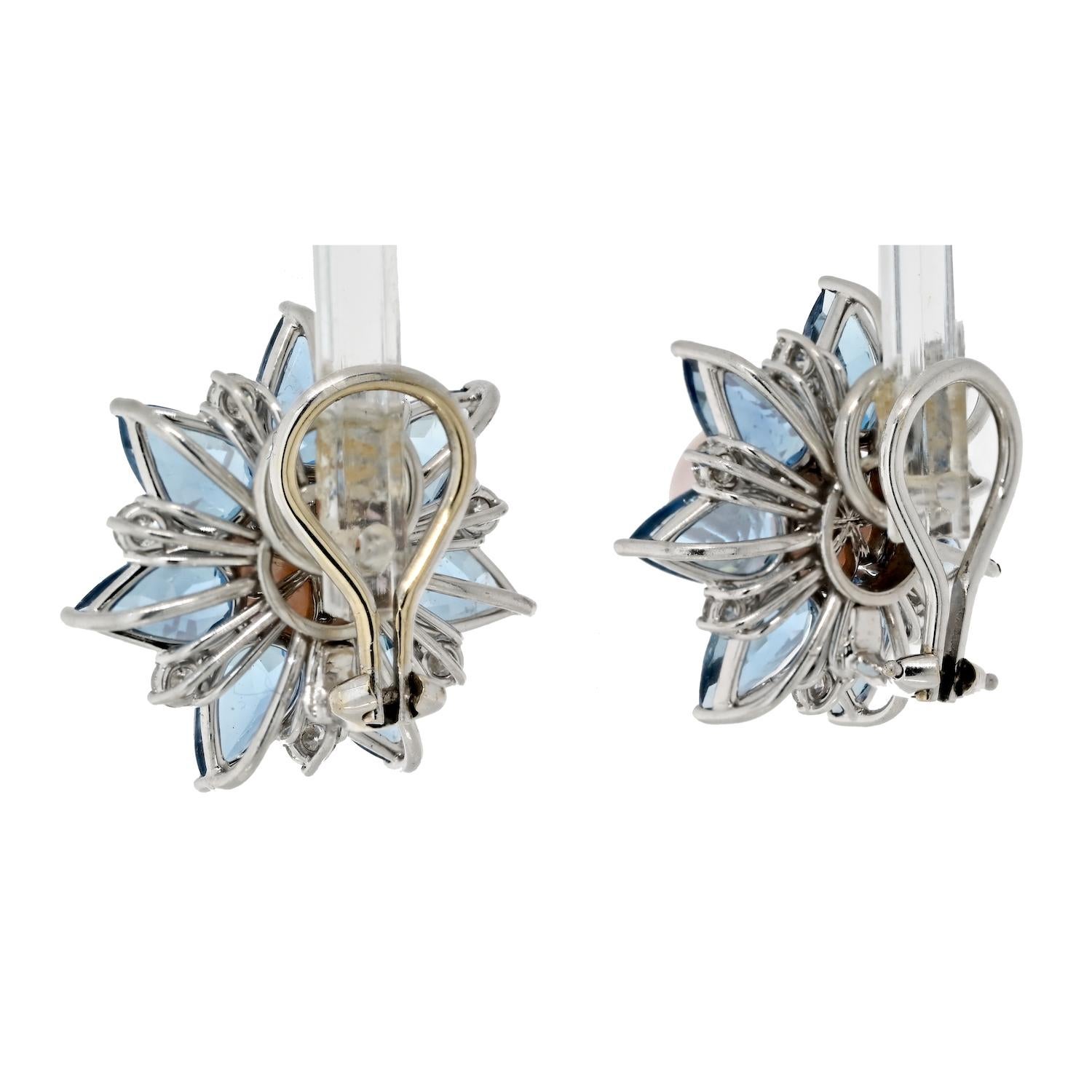 Pear Cut Platinum Aquamarine, Pearl And Diamond Stud Flower Style Earrings For Sale