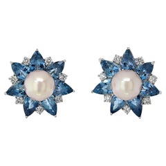 Platinum Aquamarine, Pearl And Diamond Stud Flower Style Earrings