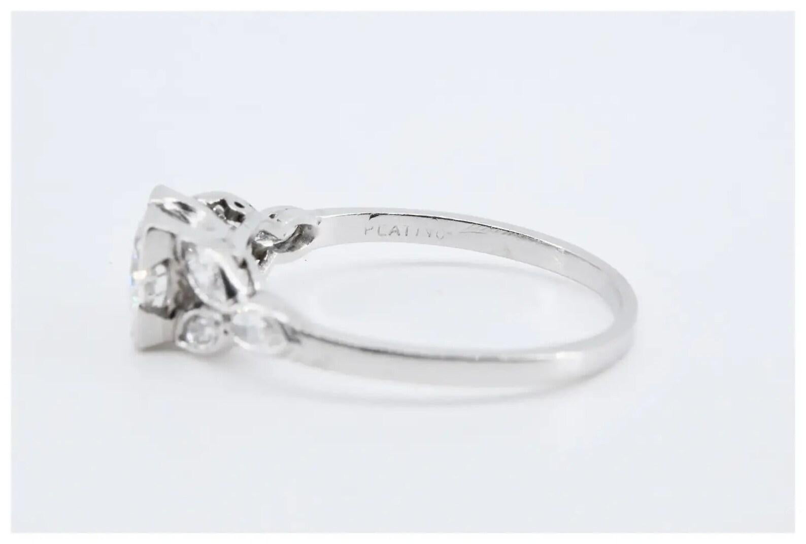 Old European Cut Platinum Art Deco 1.17ctw European & Marquise Cut Diamond Ring For Sale