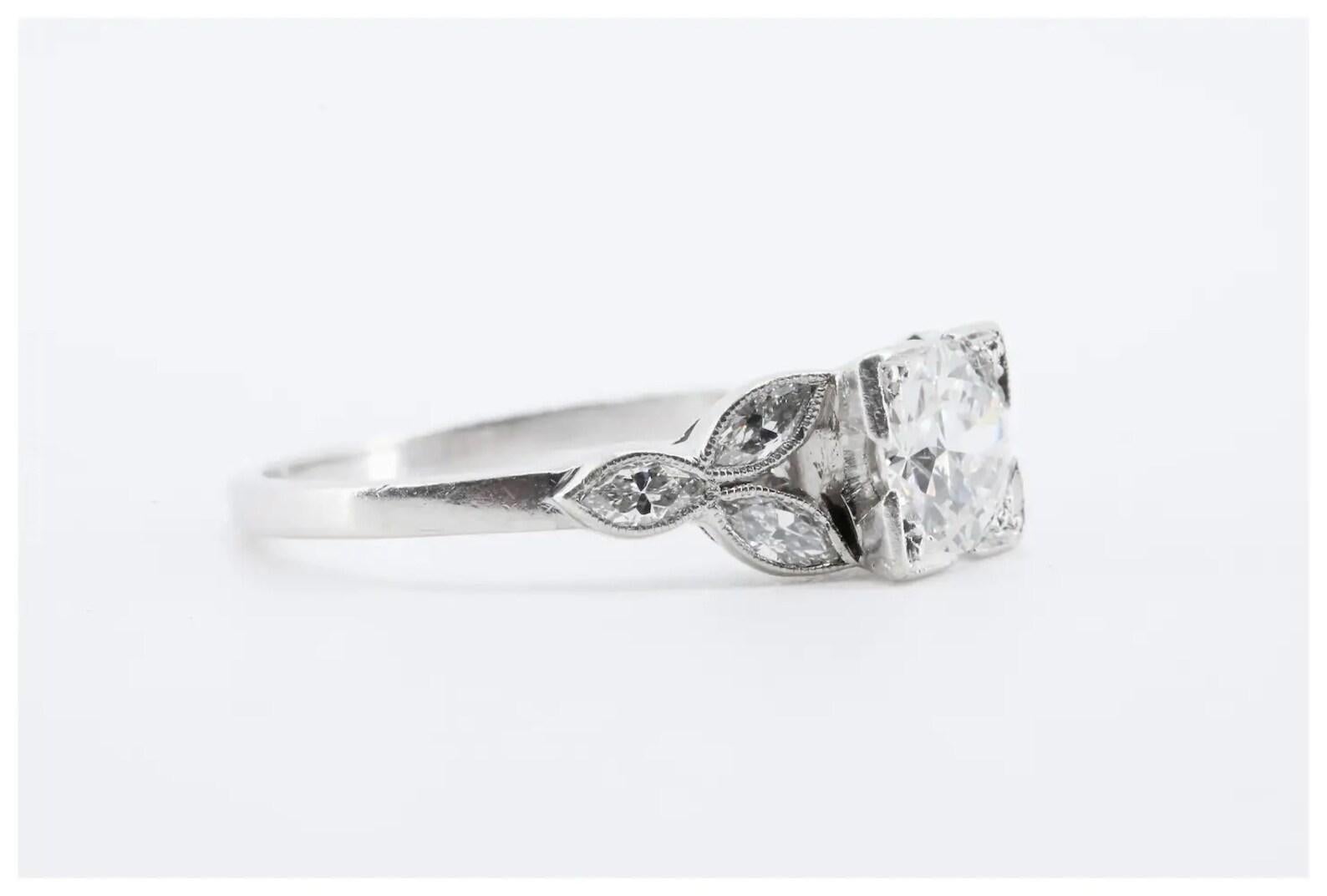 Platinum Art Deco 1.17ctw European & Marquise Cut Diamond Ring In Good Condition For Sale In Boston, MA