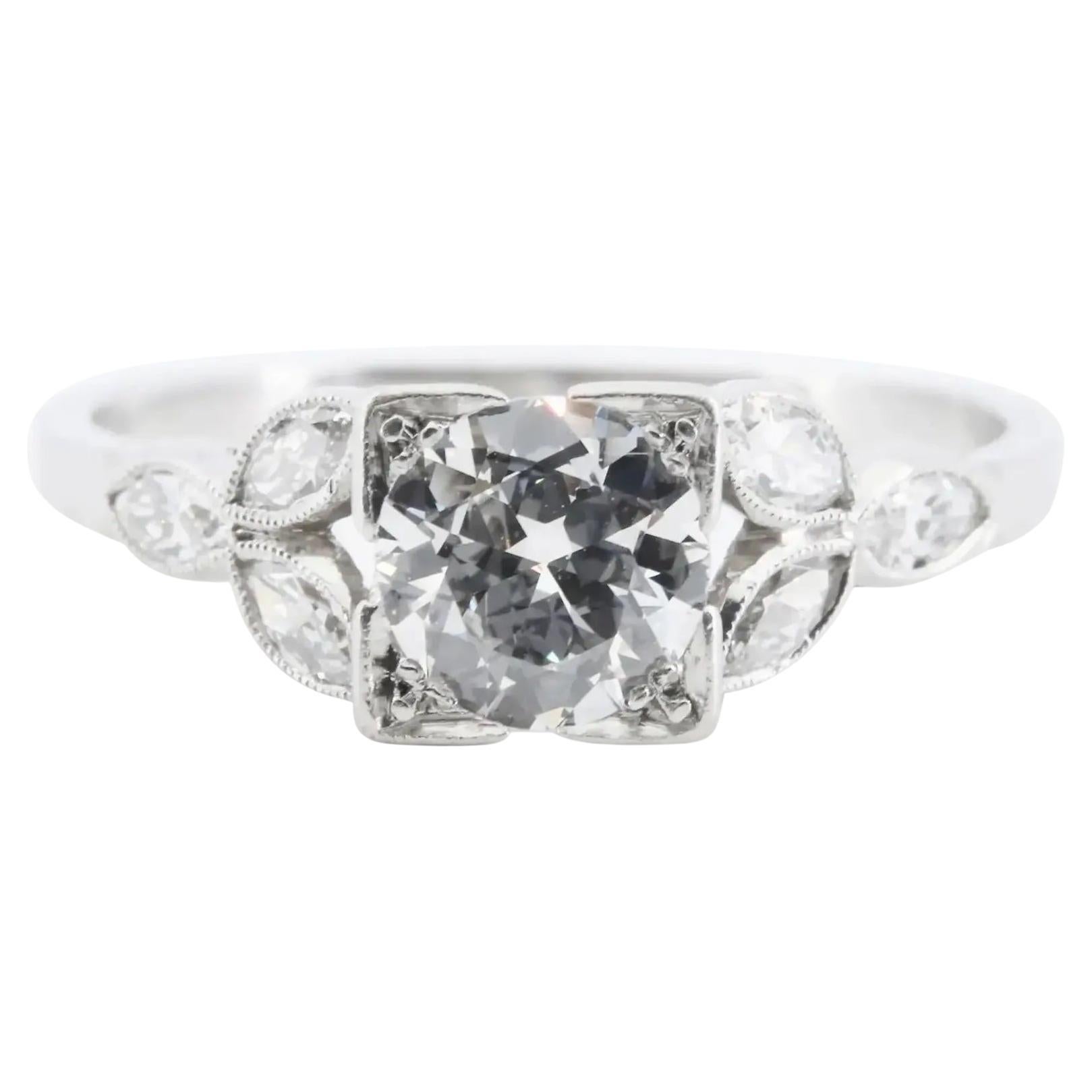 Platinum Art Deco 1.17ctw European & Marquise Cut Diamond Ring For Sale
