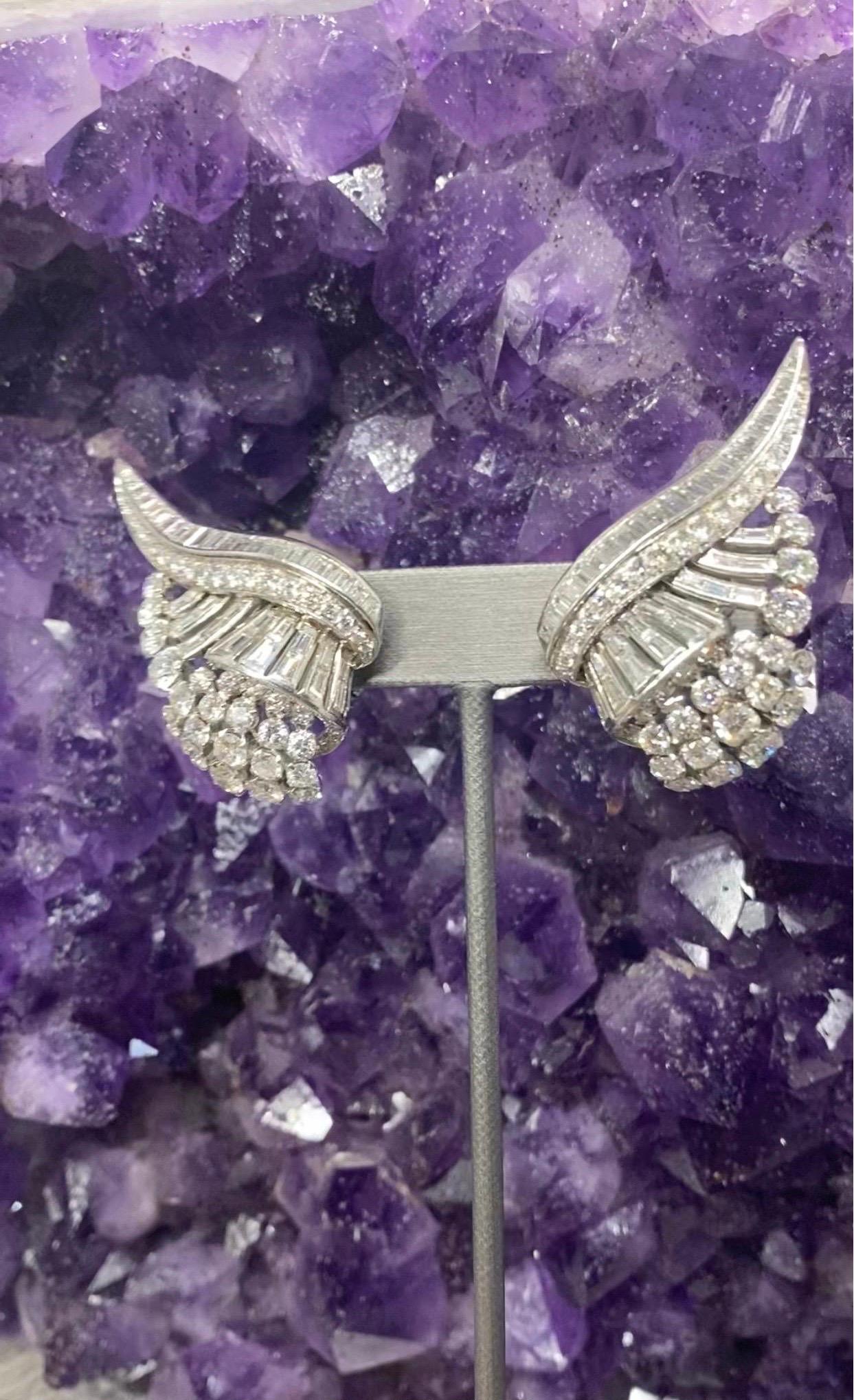 Mixed Cut Original Art Deco 16 Carat Diamond Platinum Wing Ear Clips Earrings For Sale